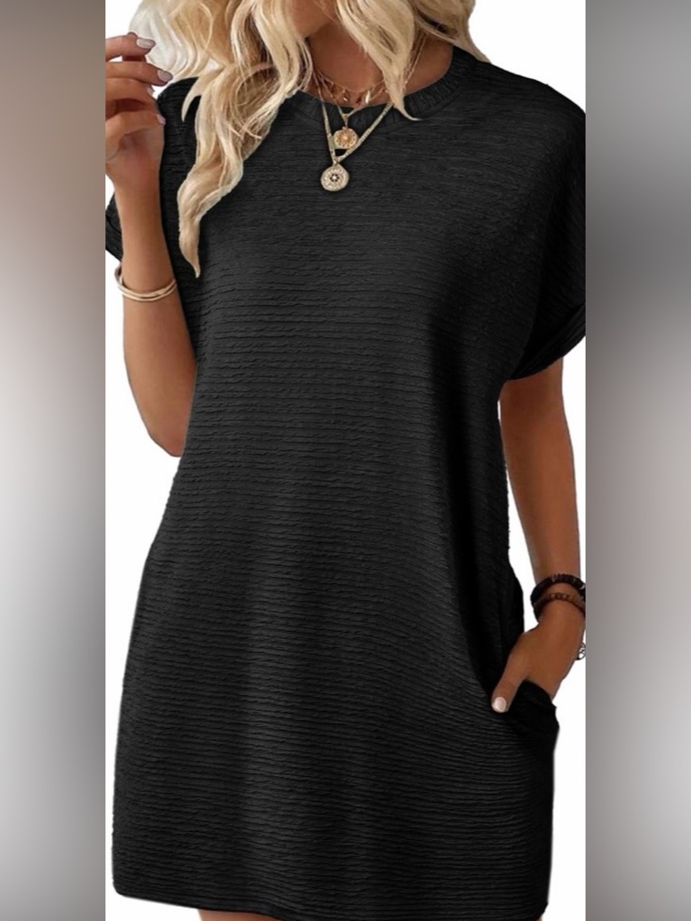 Textured Black Short-Sleeve Crewneck Top